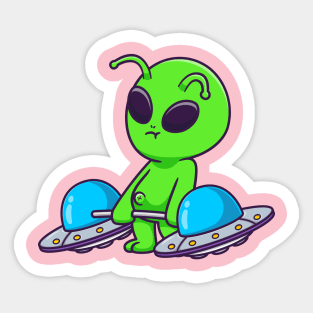 Cute Alien Lifting Ufo Barbell Cartoon Sticker